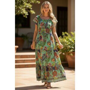 ☀️ Me 2 Magic Bohemian Tropical Floral Tiered Maxi Dress Teal XL